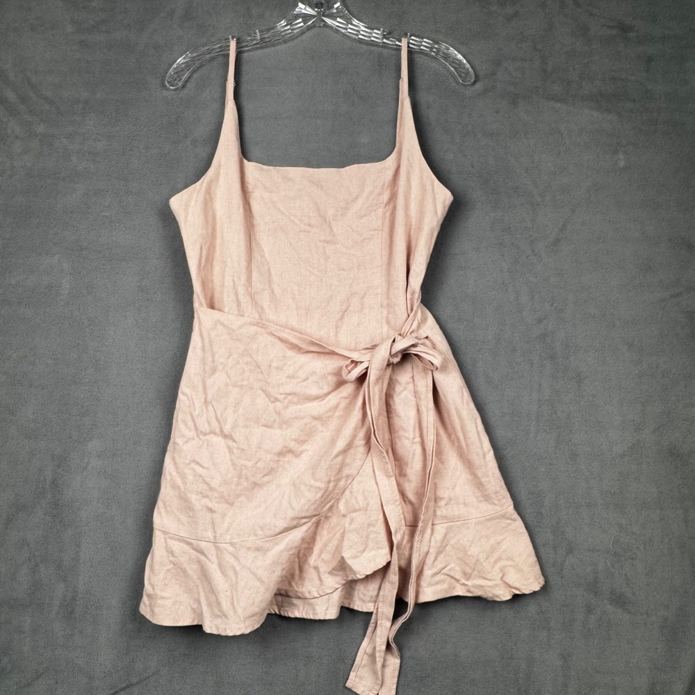 White Fox Pink Cotton Blend Faux Wrap Ruffle Mini Dress Size L Blush Sun Dress